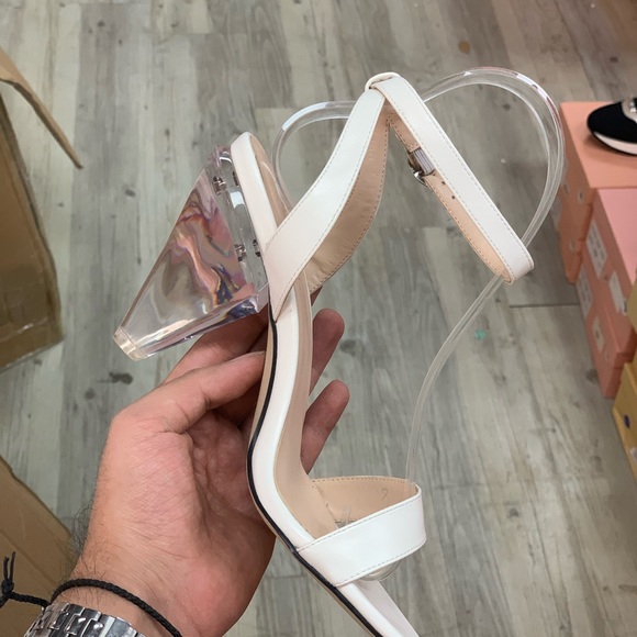 Women Open Toe Sandal Cone Glass Heel in White Faux Leather - Picture 3 of 5